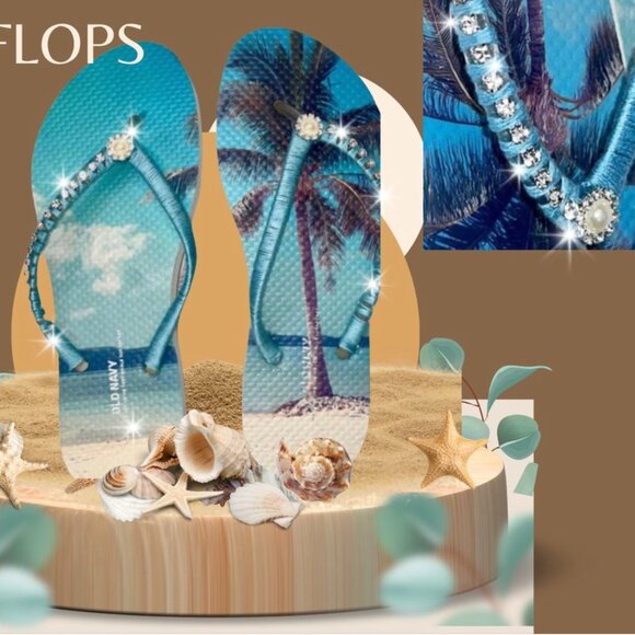 Tropical Flip Flops, Rhinestones, Crystals, Beach Wedding, Pool Party Gift Sz 6 - Picture 2 of 16